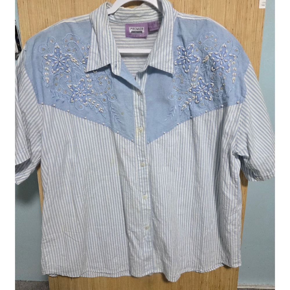 Premier International Womens 3X Blue‎ White Striped Floral Beaded Western Shirt
